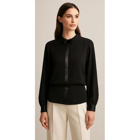Oscar de la RentaBlack Satin Bow Tuxedo Bishop BlouseSize 10EUC